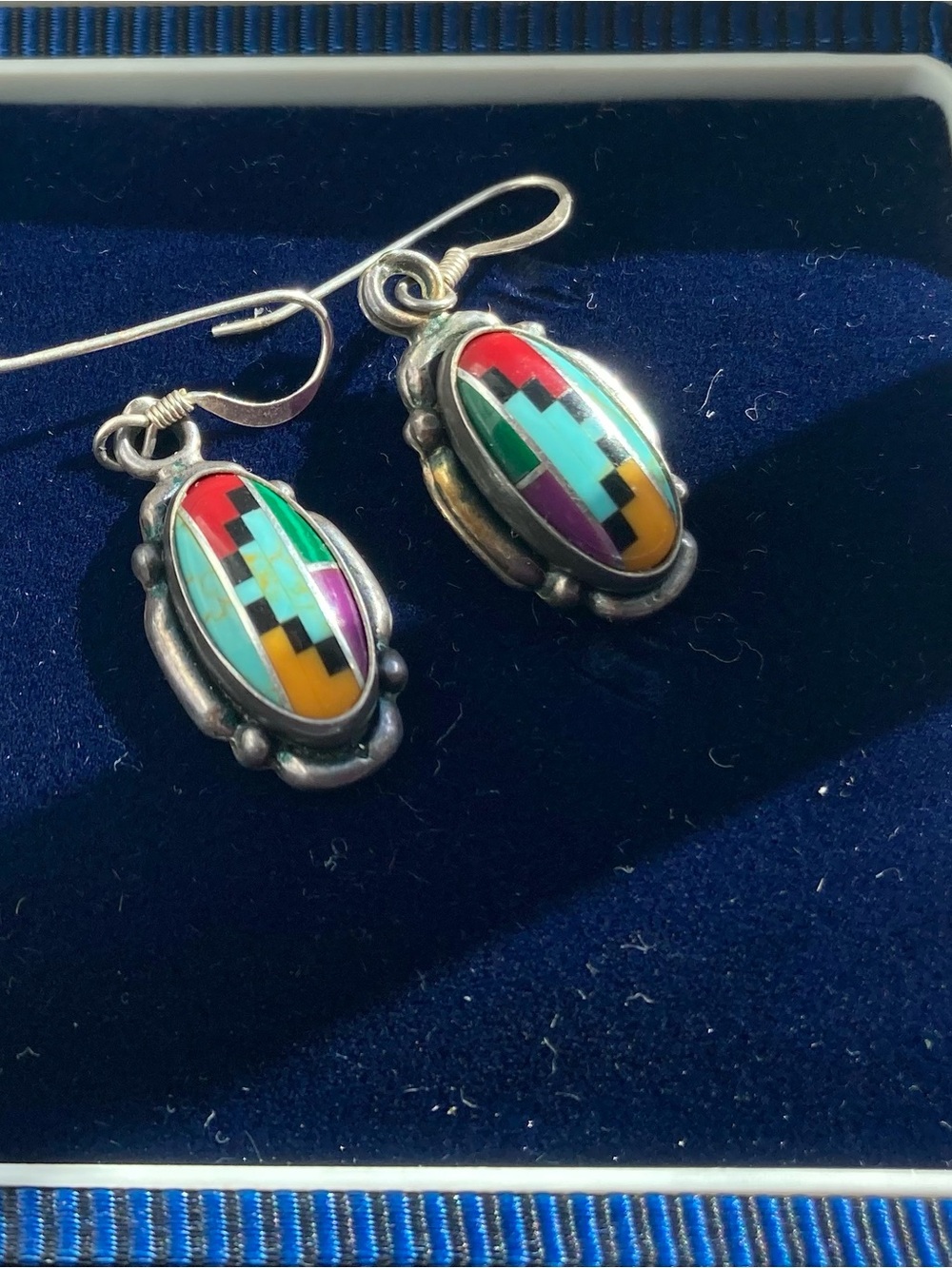 Sterling Silver Navajo  Multicolor Inlay Drop Earrings